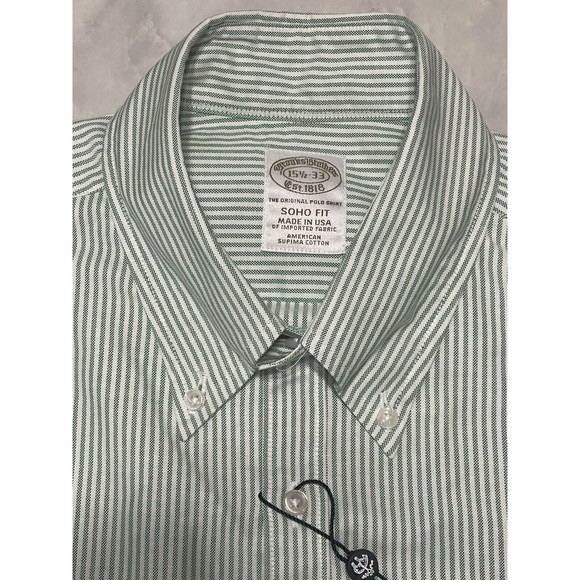 Brooks Brothers Soho Fit 15.5 33 Supine Oxford Polo Button Green Stripe NWT $140 - Picture 1 of 7